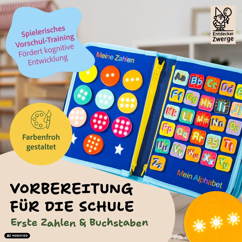 Aufgeklapptes Busy Board mit der Zahlenseite und dem Alphabet aus Filz