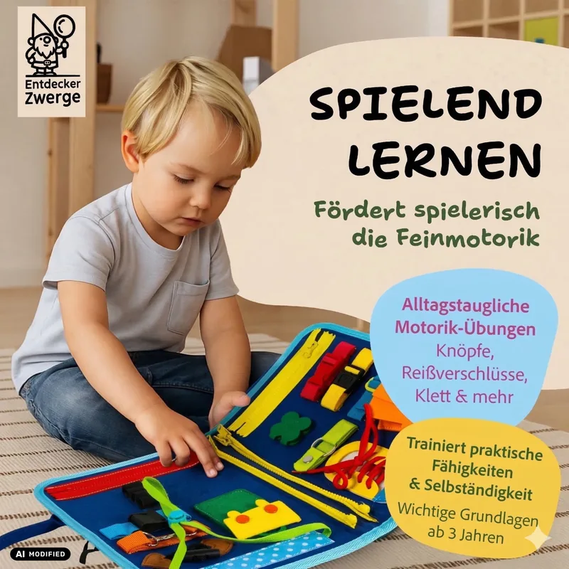 Ein Kind sitzt auf dem Boden und übt am aufgeklappten Busy Board Reißverschlüsse und Schnallen