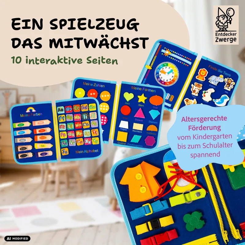 Übersicht der Seiten des Busy Boards: Farben, Alphabet, Zahlen, Formen, Lernuhr, Tiere und die Anzieh-Seite mit Knöpfen und Schnürsenkel