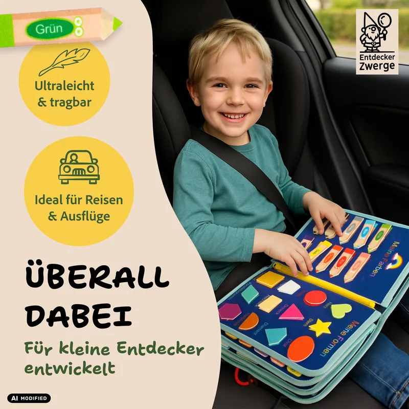 Ein Kind spielt angeschnallt auf dem Rücksitz eines Autos mit dem Busy Board