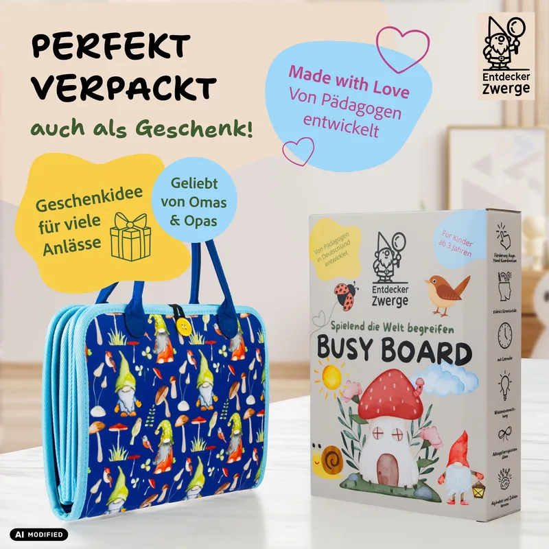 Das Busy Board als Tasche neben seiner illustrierten Geschenkbox